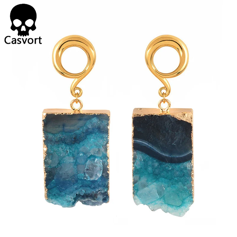 Casvort 2 шт. неровные драгоценные камни болтаются беруши тоннель из нержавеющей стали золотые ушные крючки калибры для пирсинга