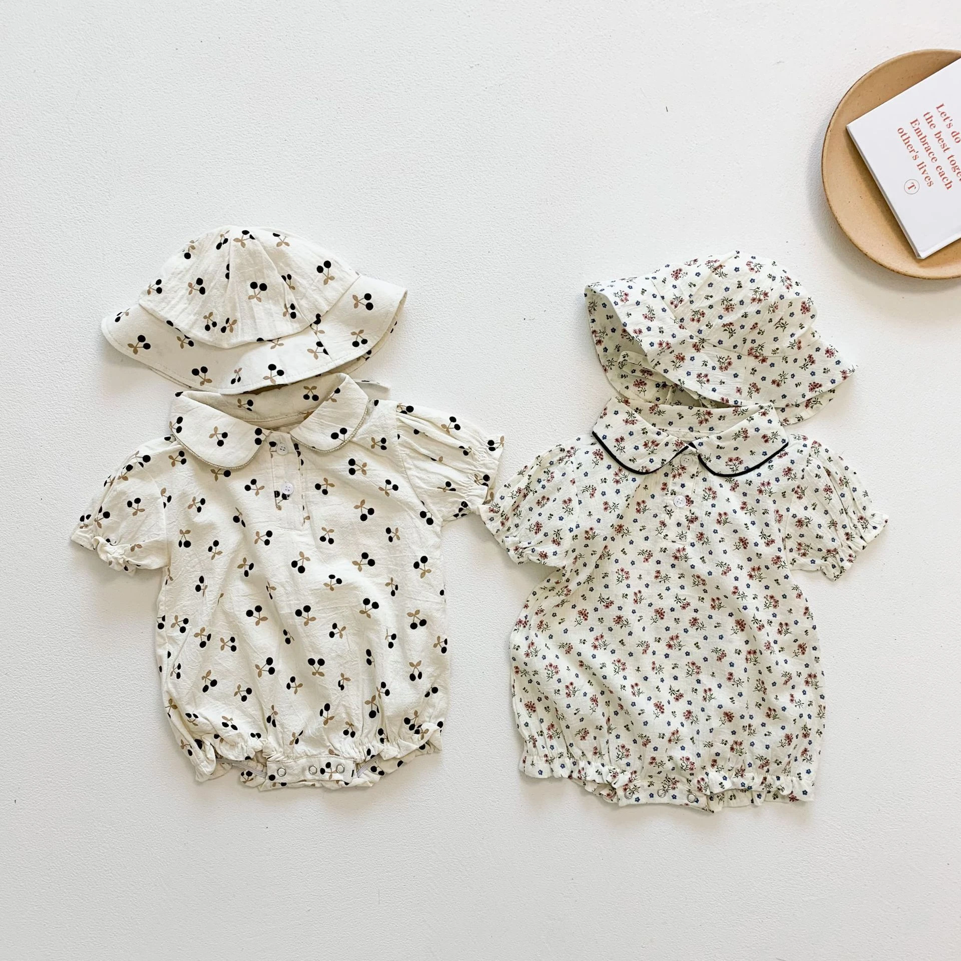 Baby Clothing Summer Flower Girl's One-piece Bodysuit +Hat Cherry Baby Girl's Short Sleeve Triangle Romper Sumsuit With Hat Baby Bodysuits Fur