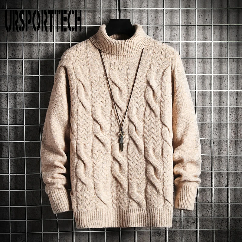Pullover Sweater Oversized Turtle Neck Mens Wool-Knit Twisted-Pattern Male URSPORTTECH