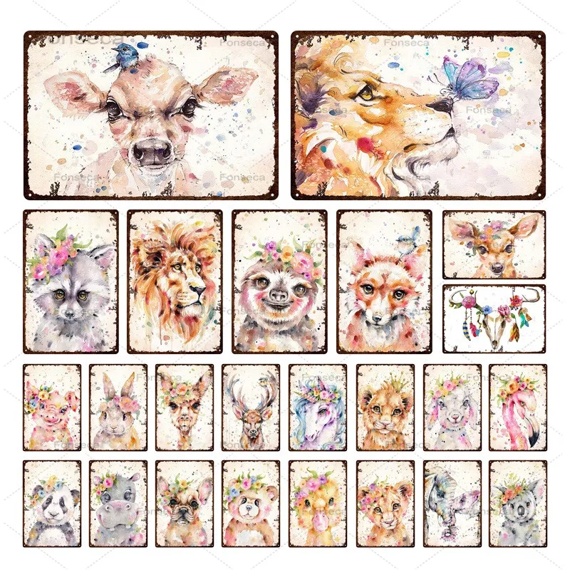 

Cartoon Animals Flower Tin Sign Plaque Vintage Watercolour Pet Metal Poster Wall Art Iron Painting For Home Decoration Plate