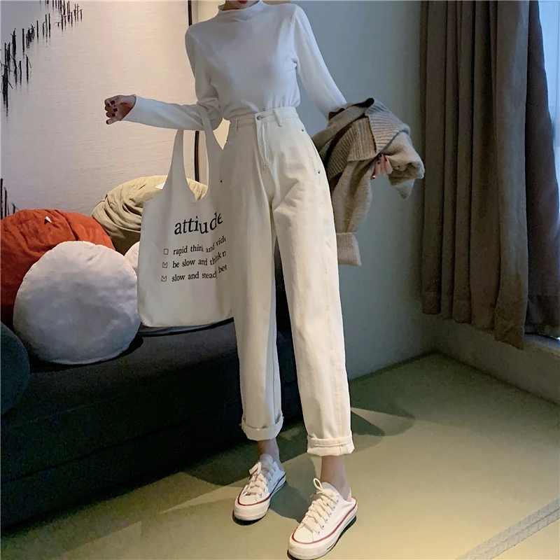 Фотосессия корейско-Стиль шик на раннюю весну Стиль Slim Fit для похудения с завышенной талией Повседневное свободные Прямые джинсы