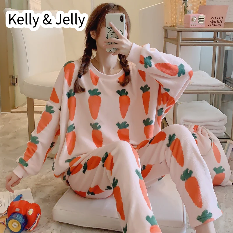 ladies pyjamas autumn/winter ladies flannel suit thickened 260g lovely girl carrot print home wear collection bag