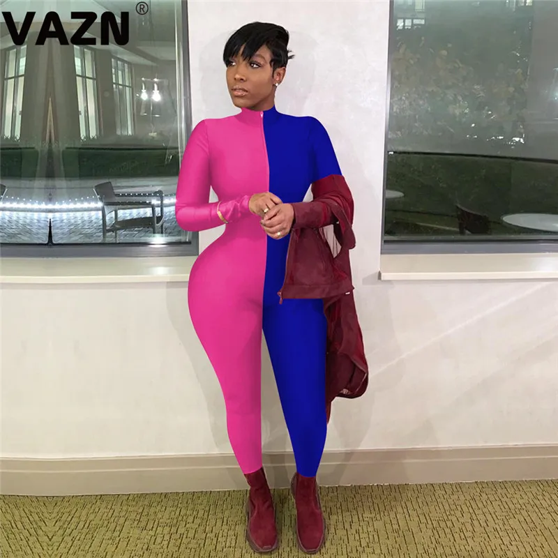 VAZN Chic design autumn sexy lady 2 colors long jumpsuit full sleeve zipper fly skinny jumpsuit patchwork colors jumpsuits