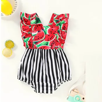 

Infant Baby Girl Bodysuit Toddler Girl Summer Watermelon Printed Striped Romper Kids V Neck Patchwork Backless Rompers #LR3