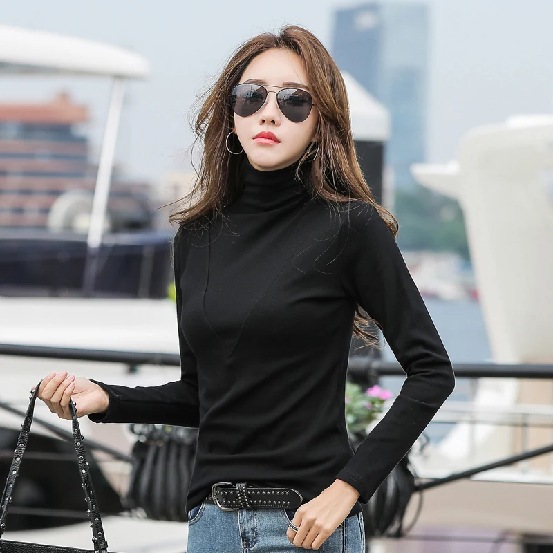Black no fleece Футболка из плотного флиса, женские топы, водолазка, длинный рукав, хлопок, много цветов, Осень-зима, футболка, джемпер, Mujer, T90392 - Цвет: Black no fleece