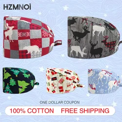 Christmas Cartoon Print Breathable Nurse Cap Cotton Surgical Cap Adjustable Beauty Salon Pet Shop Scrub Cap Dentist Cap