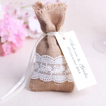

2020 new year wedding candy bag with DIY kraft tagburlap Lace burlap sack Rustic party Decorations Favours(16x9cm)