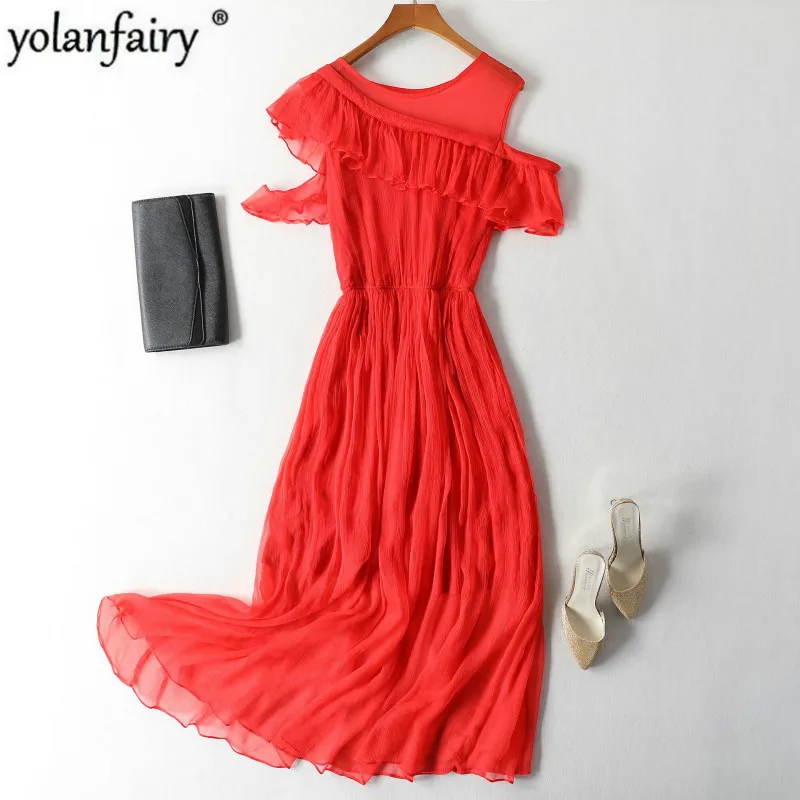 Женское шелковое платье с открытыми плечами Красное или белое Длинное