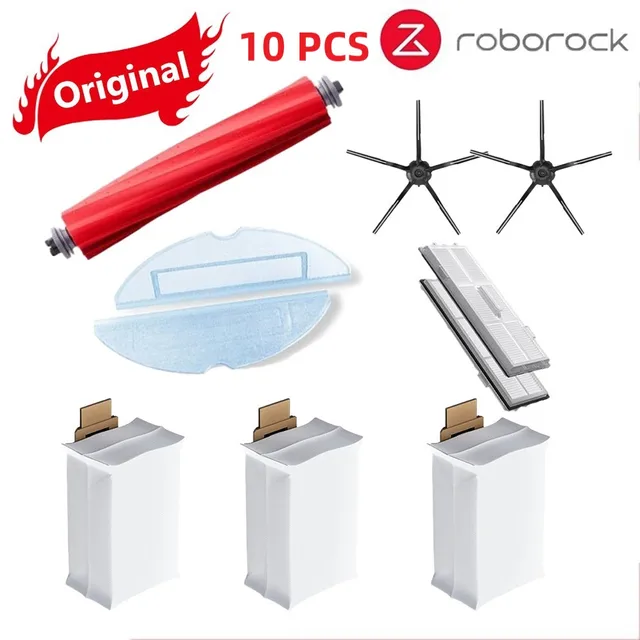 Original Roborock S7 Parts of Washable Filter Main Brush Mop Cloth Side Brush Dust Bag Bracket Robot Vacuum Cleaner Accessories Black 10pcs