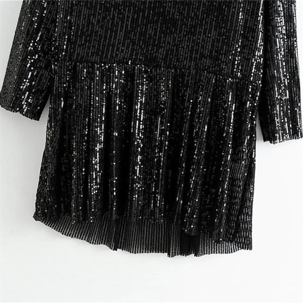 Женское мини платье с круглым вырезом длинным рукавом и оборками по краям|Платья|