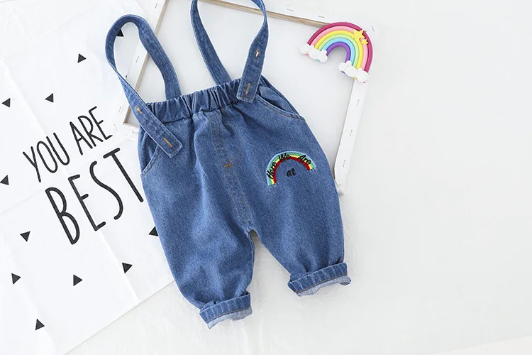 Spring Infant Clothing For Baby Boy Set Rainbow Pattern Hoodie Top+Denim Suspenders Pants 2pcs Black White Cotton Toddler Suit