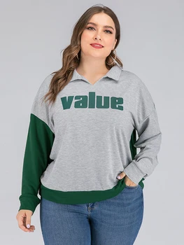

Siskakia Letter Print Contrast Color Lapel Long-sleeve Hoody Plus Size Sweatshirt Tops Grey Autumn Fall 2020 New Women Big Size