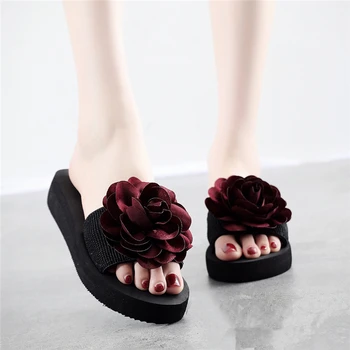 

3/5.5/7CM Low Heel High Heel Summer Slippers Women Flip Flops Bohemia Floral Beach Flat Sandals Outdoor Indoor Home Wedges Shoes