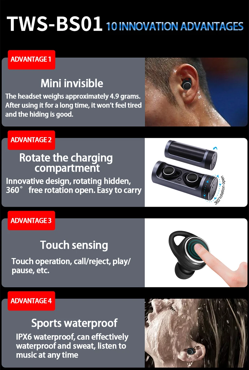 Наушники-вкладыши TWS touch binaural bluetooth-гарнитура 5,0 Беспроводная мини невидимая Спортивная Беговая гарнитура универсальные наушники IPX6 водонепроницаемые