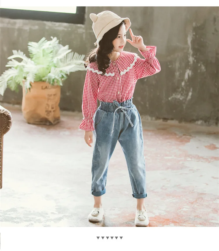 Одежда для девочек Новинка года, весенне-осенние комплекты детской одежды клетчатая блузка с кружевным воротником+ джинсы Детский костюм из 2 предметов Одежда для девочек с длинными рукавами