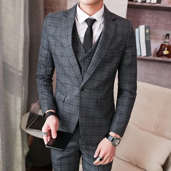

HO 2019 new three-piece suit men checked suit the groom wedding dress young handsome cultivate one's morality