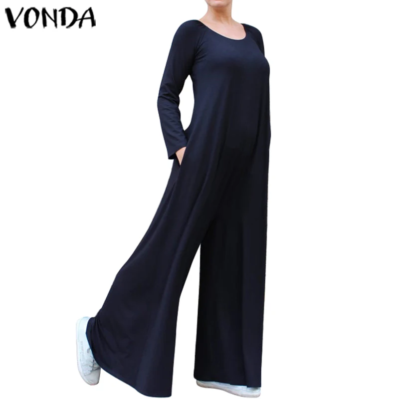 Широкие брюки женские богемные однотонные комбинезоны VONDA с длинным рукавом размера плюс Oversall повседневные Свободные Комбинезоны женские s комбинезоны S-5XL - Цвет: Темно-синий