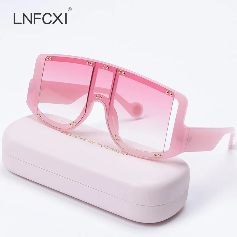 

LNFCXI New Fashion Brand Candy Color Shield Sunglasses For Women Vintage Full Rivet Hollow One Piece Sun Glasses Men Hop Shade