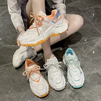 

Summer 2020 new mesh hollow casual sports shoes women trendy wild color matching thick bottom old shoes
