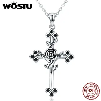 

WOSTU 925 Sterling Silver Natural Flower Plant Cross Pendant Chain Necklace For Women Fashion Jewelry Crystal Necklace