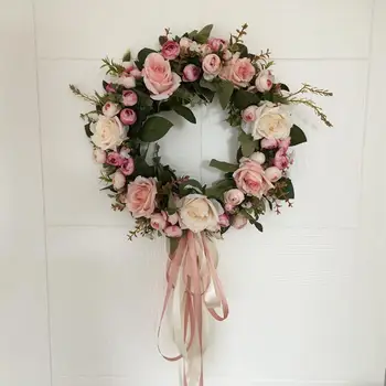 

Floral Artificial Rose Wreath Door Hanging Wall Window Decoration Wreath Holiday Festival Wedding Decor (40cm)