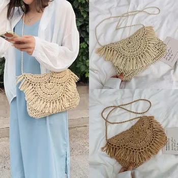 

2020 New Women Tassel Clutch Bag Portable Handmade Rope Weaving Bag Key Wallet Fashion Holiday Beach Shoulder Bag Crossbody Bag