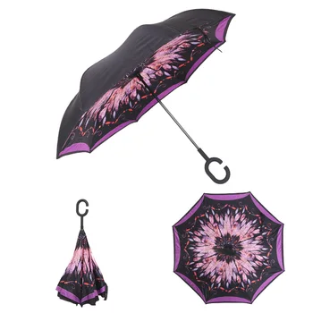 

Windproof Reverse Folding Double Layer Inverted Rain Umbrella Self Stand Rain Protection C-Hook Hands For Car