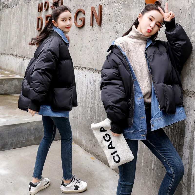 

Cotton Coat Women's Short Winter Korean-style Loose-Fit Students INS down Coat BF Cowboy Joint Mock Two-Piece Cotton Overcoat
