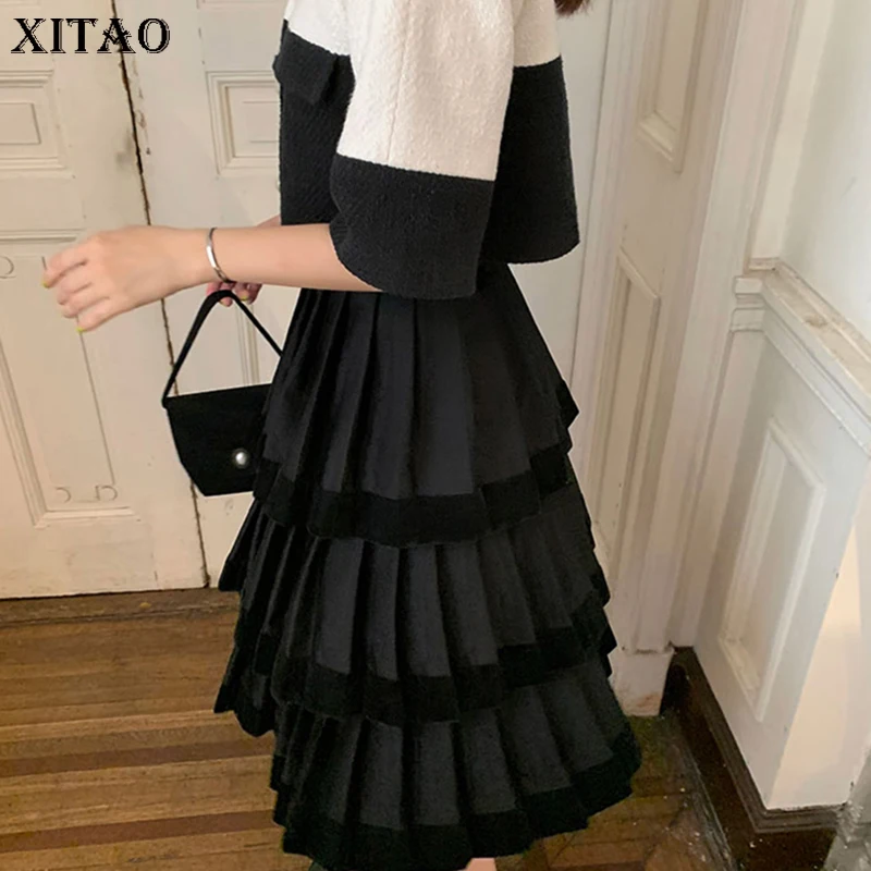 Online XITAO Patchwork Vintage volantes Multi capa Falda Mujer 2019 otoño nuevo estilo negro Natural cintura una línea falda elegante GCC2095