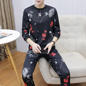 

2 Pieces Sets Tracksuit Men New Brand Autumn Sweatshirt +Drawstring Pants Male Stripe Patchwork Hoodies