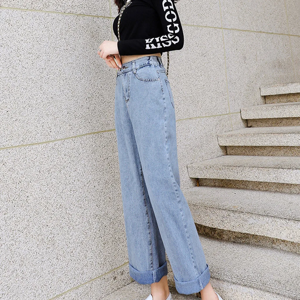 Синие винтажные женские джинсы с высокой талией, осень, рваные джинсовые брюки с широкими штанинами, Женские однотонные повседневные Прямые джинсы