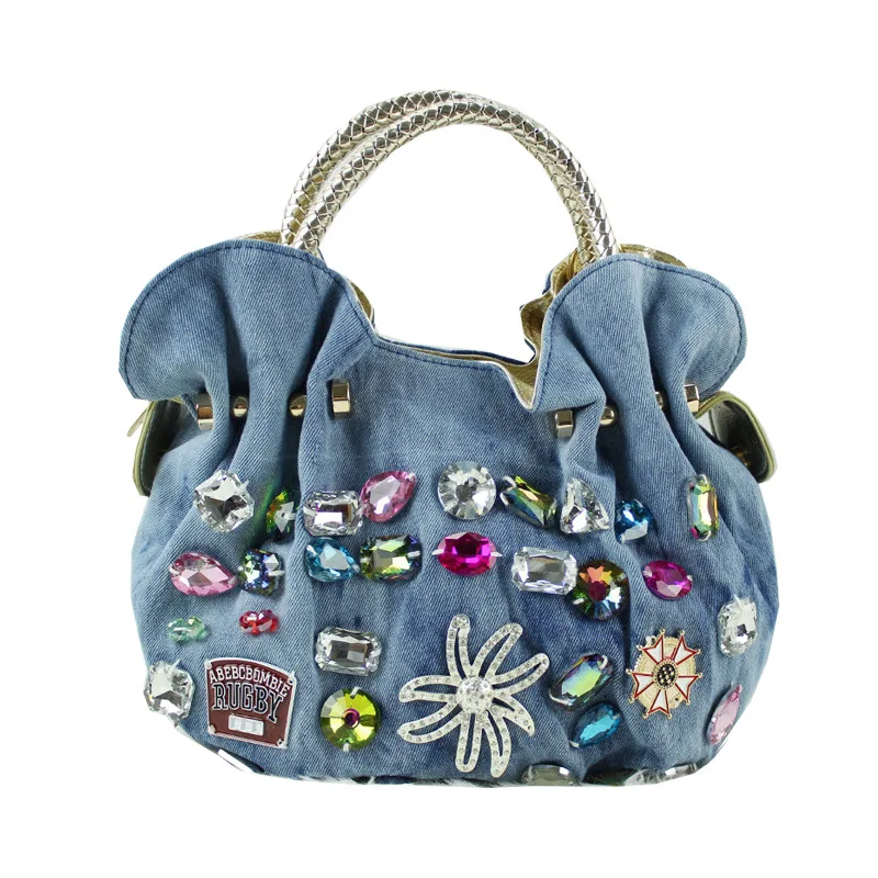 

Ougger Small Women Handbags High Quality Handbags Leisure Style Blue Canvas Hobos Bag with Diamonds for Shopping