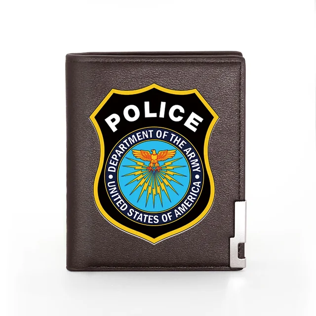 Fashion Security Officer Police Badge Printing Men's Wallet  Leather Purse For Men Credit Card Holder Short Male Slim Money Bags BG407-Brown