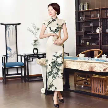 

Vantage Print Flower Cheongsam Stain Long Slim Dresses Elegant Female Chinese Dress Chinese Women Qipao Plus Size 3XL
