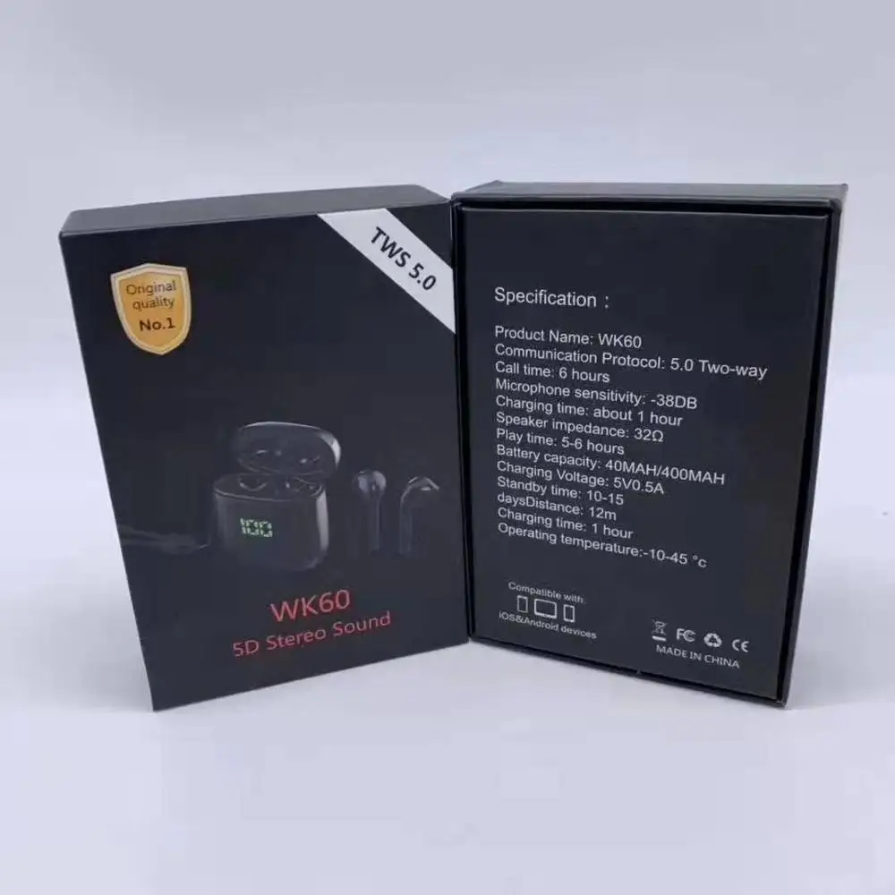 DSstyles, WK-60, TWS, беспроводные наушники, Bluetooth 5,0, наушники со светодиодным дисплеем, шумоподавление, Спортивная гарнитура