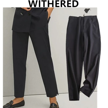 

Withered england style office lady simple solid collect waist suit pants women pantalones mujer pantalon femme trousers womenset