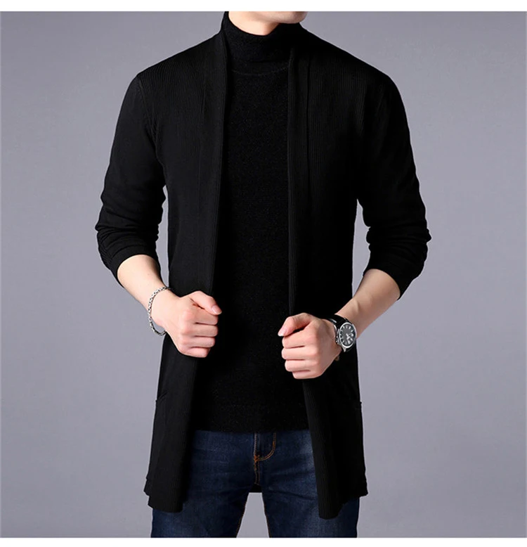 Men Long Style Cardigan Sweater New Fashion Spring and Autumn X-long Knit Sweater Jackets Solid Color Sweatercoat