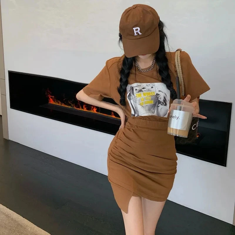 Loose T Shirt Dress Sets 2 Piece Set For Women Skirt And Top Summer 2021 Printing Short Sets Pleat Skirts Korean Two Piece Set custom 2021 hard cover photobook embossed leather 157g paper 250g paper cover sewing bound 120 pages notebook offset printing