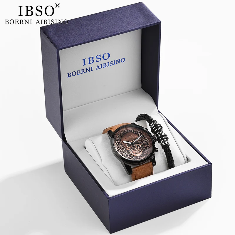 

IBSO Brand Men's Watch Set Creative Vintage Bronze Skull Sport Quartz Hours Male Wristwatch Clocks Birthday Gift For Boyfriend