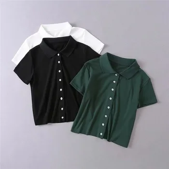 

Summer new fashion casual style solid color thread-breasted short-sleeved POLO shirt women sexy exposed navel was thin Poloshirt