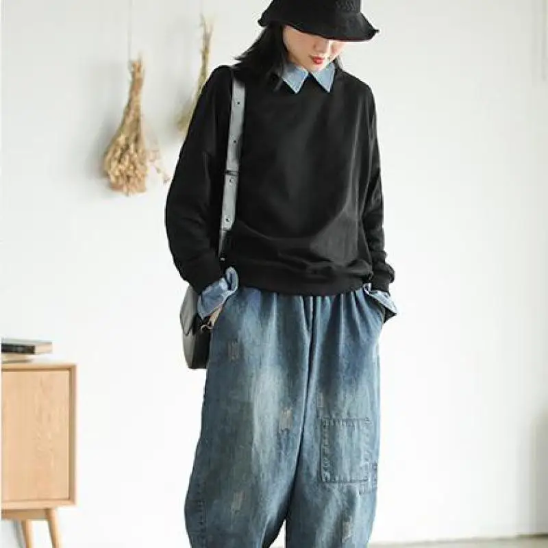 Johnature Patchwork Leisure Hoodies Turn-down Collar Pullovers Full Sleeve Casual Fake Two Pieces New Autumn Women Clothes