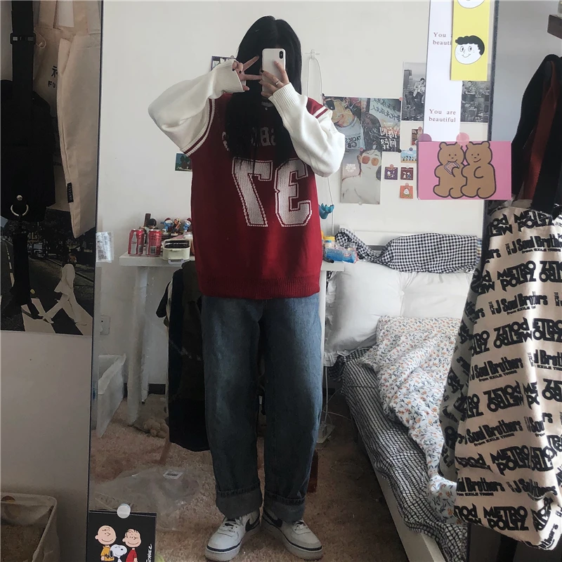 Вышитый номер женский свитер жилет Зимняя одежда корейский Свободный Harajuku стиль цифровой без рукавов вязаный женский жилет