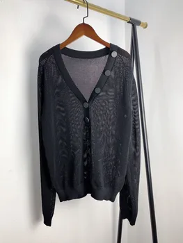 

2020 New Women Knitted Sweater V-neck buttons Decoration micro perspective lady long-sleeved slim Casual OL Pullover top