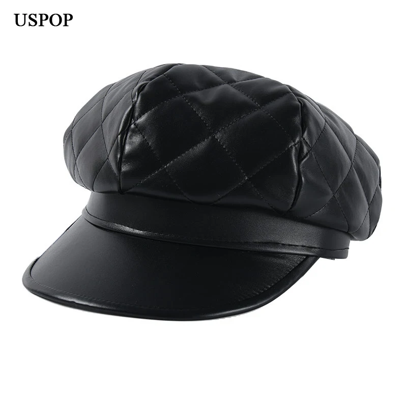 USPOP новинка зимние шапки для женщин PU, Алмазный клетчатый Восьмиугольные шляпы женской моды сплошной цвет с закруглёнными краями и пуговицей сверху Шапки