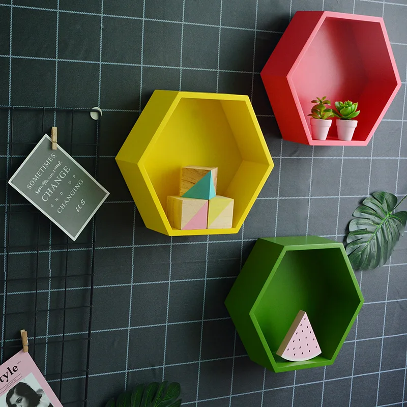 

High Quality Hexagon Pine Wood Frame Wall Storage Shelf Home Children Baby Room DIY Decoration Gift