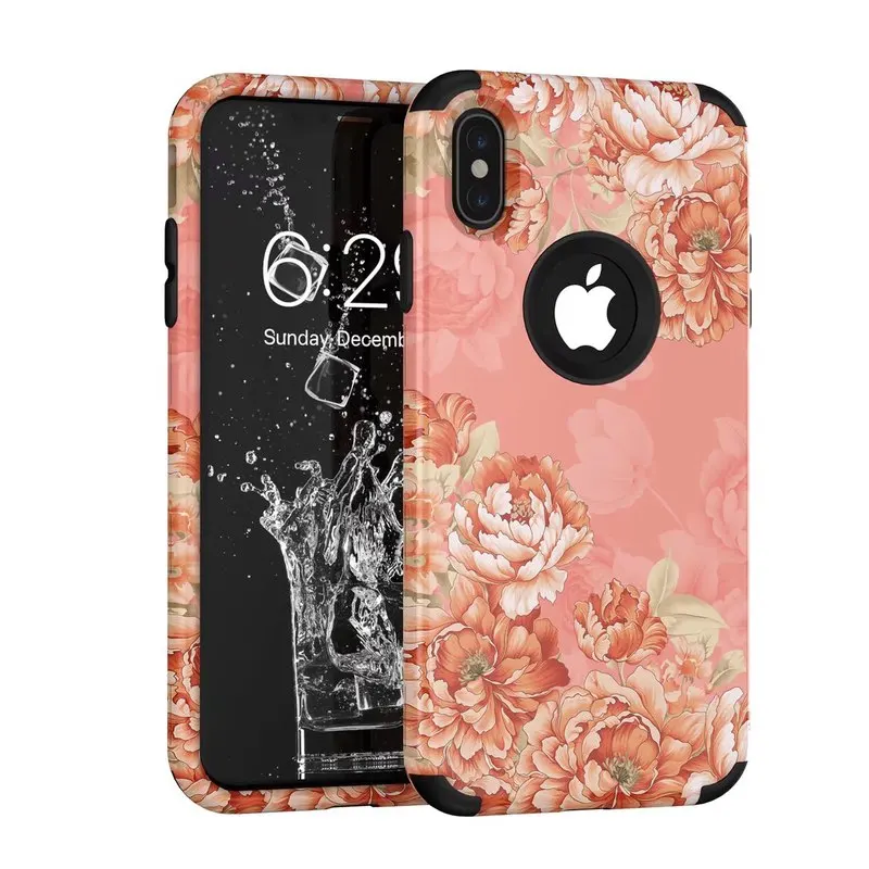 Роскошный чехол 3 в 1 для iPhone 11 pro Max 7 8 6 6s Plus X Xs max XR, Жесткий Чехол для телефона с цветочным рисунком, силиконовый бампер, противоударный чехол - Цвет: Розовый