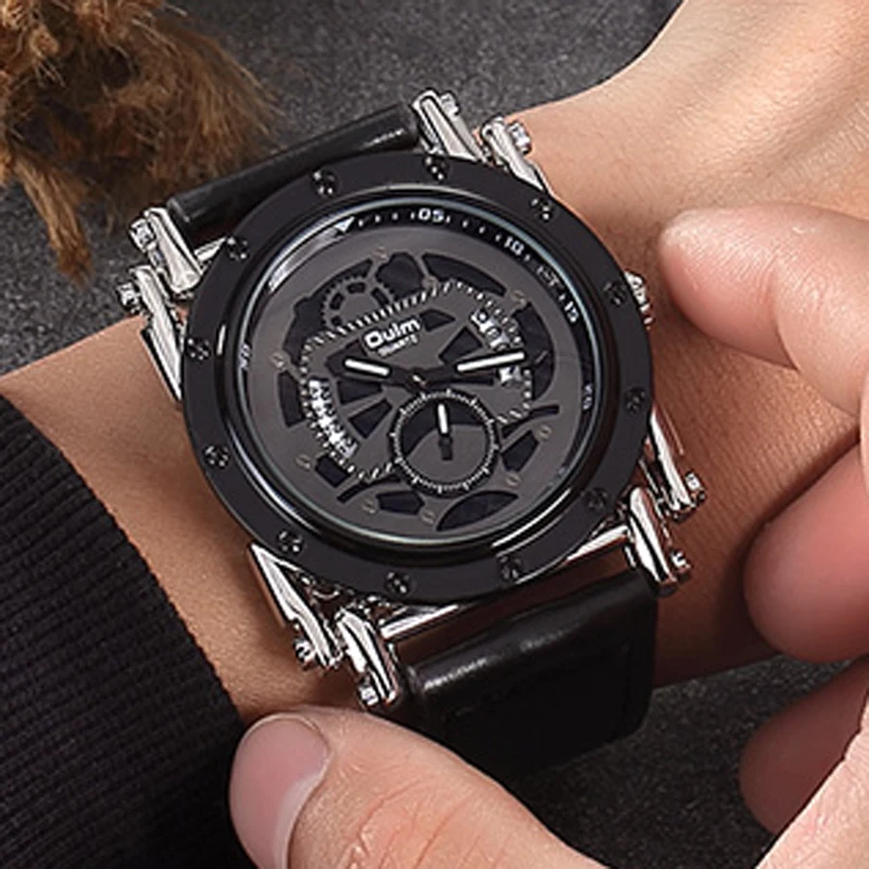 2020 Oulm Fashion Unique Men Watches Large Dial Sports Leather Band Date Quartz Male Clock relogio masculino | Наручные часы
