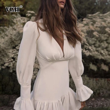 

VGH Elegant Pleated Women Dress V Neck Lantern Sleeve High Waist Ruffles Mini Casual Dresses Female Autumn 2020 Fashion New