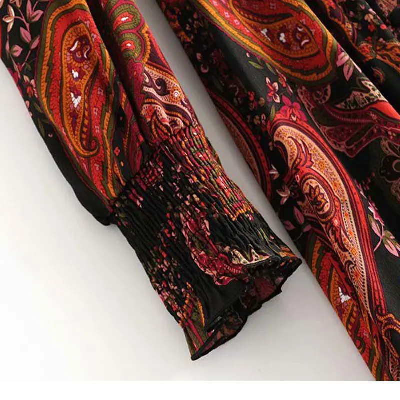 Fall new women's fashion V-neck print waist close fitting dress Chinese retro dress