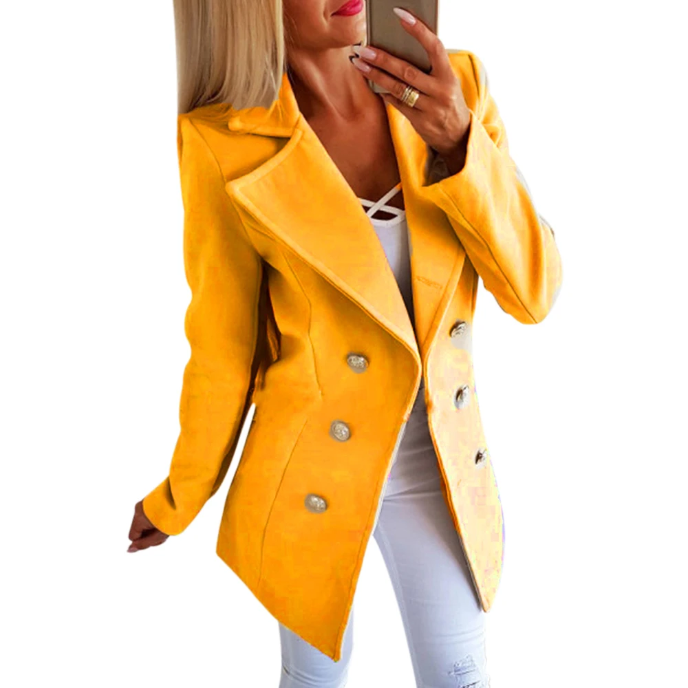 Fashion Autumn Long Coat Women Turn Down Collar Solid Yellow Coat Casual Lady Slim Elegant Blends Outerwear Clothes - Цвет: yellow 2